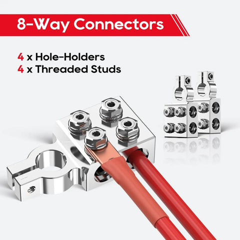 Rig Ready 8 Way Battery Terminal Connector Pair With Positive And Negative Posts Featuring Four Direct Wire Ports Plus M8 Studs showing 4 hole-holders and wires.
