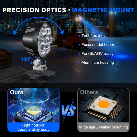 Heavy Duty LED Blue Spot Forklift Safety Warning Light With Magnetic Base And Adjustable Steel Bracket For No Sweat Setup And Quick Warehouse Layout Swaps For Busy Teamwork On The Production Line Each Day