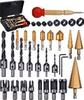 34 Pack Woodworking Drill Bit Set With Countersinks, Plug Cutters, Stop Bit Collars And Step Bits in case, shown in layout