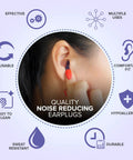 Person wearing Two Sizes Sleep Ear Plugs For Snoring And Travel, Comfortable Reusable Noise Cancelling Earplugs With Up To 28 dB NRR