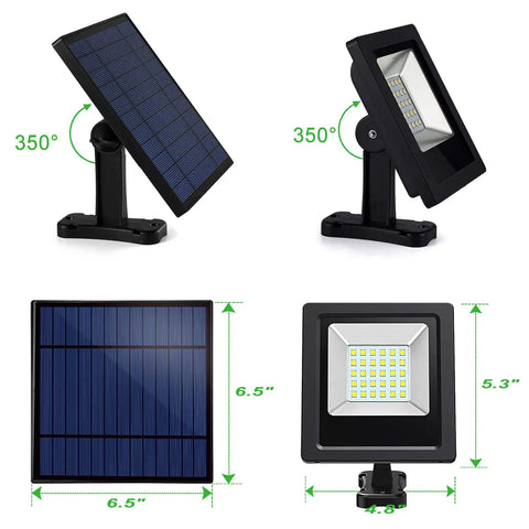 2 Pack Solar Wall Mount Lights With 30 LEDs, Super Bright Outdoor Security Flood Lights showing adjustable angles and dimensions