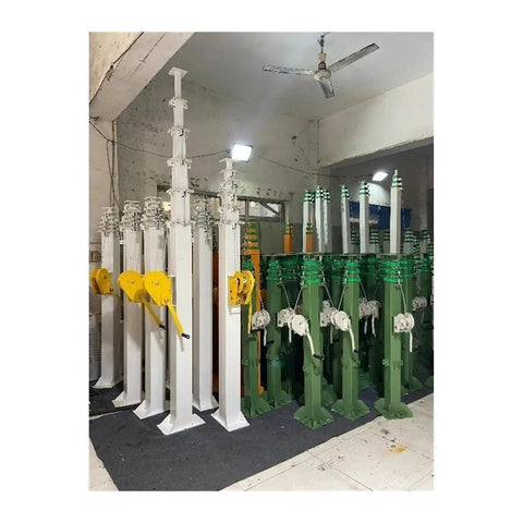 Heavy Hitter Hand Cranked Lifting Mast With Flexible Adjustable Height Telescopic Elevated Work Platform in green and white.