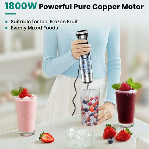 Powerful 1800 Watt Immersion Blender With Four Versatile Attachments, blends soups and smoothies without a sweat, ideal for frozen fruits.