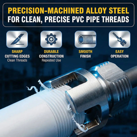 4 in 1 PVC Pipe Threader Kit for One Half, Three Quarters and One Inch Pipes, highlighting sharp cutting edges for smooth threading