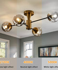 Modern Four Light Gold Glass Globe Ceiling Light Fixture Mid Century Semi Flush Mount with light effects demonstration