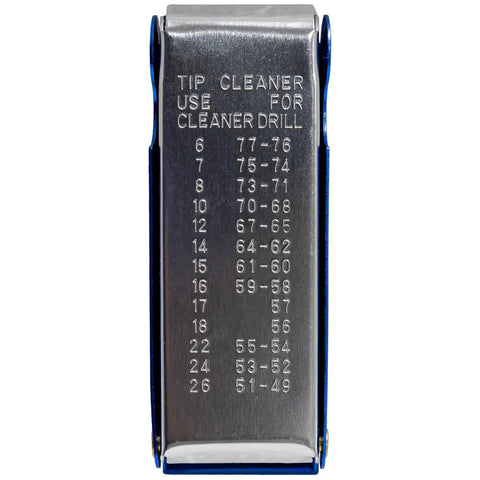 Pro-Grade Welding Tip Cleaner Tool Kit With 13-Wire Set showing cleaning sizes on silver metal casing