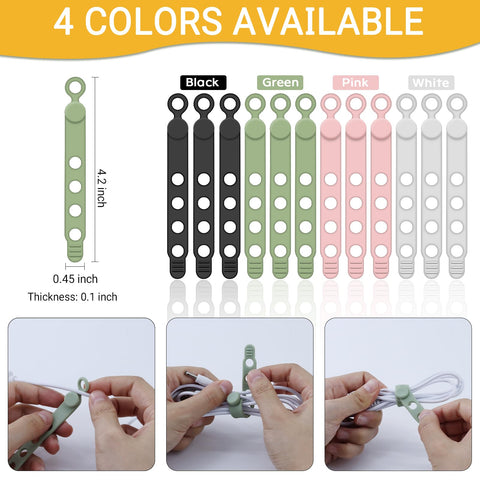 Game Changing Stretchy Silicone Cable Ties With Lock Buckle For Cord Organization and Management shown in four colors.