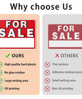 Comparison chart showing benefits of Four Pack 14 By 10 For Sale Sign For Cars Double Sided Vehicle Signs with no glue residue.