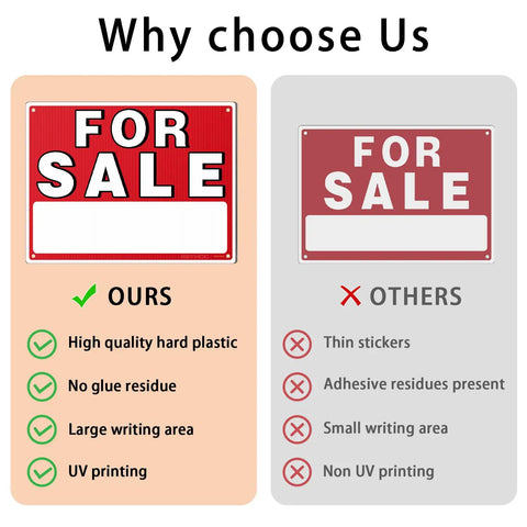 Comparison chart showing benefits of Four Pack 14 By 10 For Sale Sign For Cars Double Sided Vehicle Signs with no glue residue.