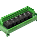 Front view of Beefy Six Channel DC Power Distribution Strip With DIN Rail Mount And Rocker Switches, 0 To 50V, 30A Total, Each Channel Up To 10A