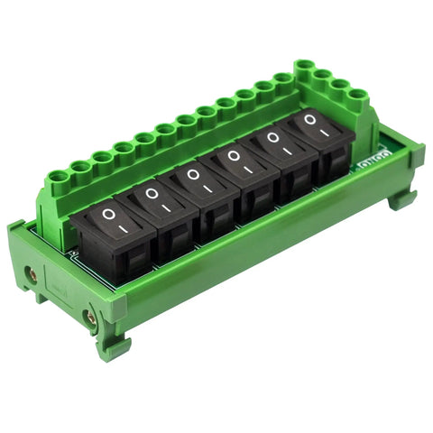 Front view of Beefy Six Channel DC Power Distribution Strip With DIN Rail Mount And Rocker Switches, 0 To 50V, 30A Total, Each Channel Up To 10A