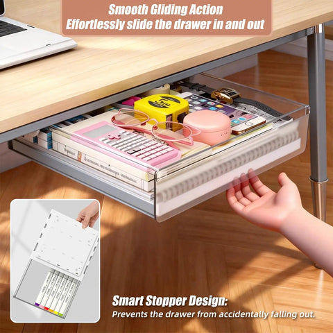 Slick Two Pack Under Desk Drawers With Smooth Glide Action, featuring clear PET build, holding various office supplies, easy access.