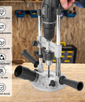 Pro Grade Drill Guide Attachment For Portable Vertical Drill Press Stand With Aluminum Alloy Construction in use on workbench