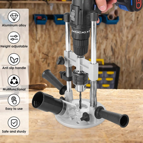 Pro Grade Drill Guide Attachment For Portable Vertical Drill Press Stand With Aluminum Alloy Construction in use on workbench