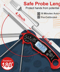 Meat Thermometer Digital For Grilling And Cooking With Waterproof Design, Ultra Fast 3 Second Read, shown with fork and knife, 4.3 inch probe length.