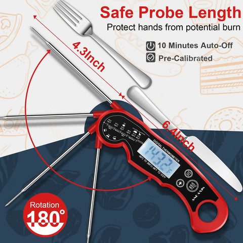 Meat Thermometer Digital For Grilling And Cooking With Waterproof Design, Ultra Fast 3 Second Read, shown with fork and knife, 4.3 inch probe length.
