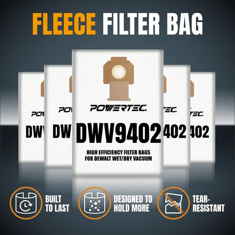 Replacement Fleece Filter Bags For DeWalt Dust Extractors Self Cleaning 5 Pack Compatible With DWV9402 packaging front view