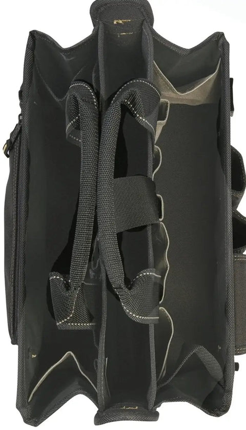 Top view of 16 Inch Center Tray Tool Bag With 16 Pockets Built Tough Heavy Duty Tool Organizer For Pros, showcasing empty pockets.