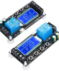 Time Delay Relay Module Dual Pack for DC 5V 12V 24V with LCD Display, showing micro USB and adjustable trigger delay features