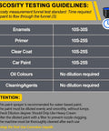 Viscosity testing guidelines chart for different paint types and required times using Top Shelf Cordless Spray Paint Gun.