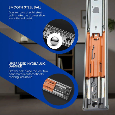 20 Inch Push To Open Soft Close Drawer Slides Heavy Duty Pair With Smooth Hydraulic Damping For Quiet Operation Easy Soft Close And Push Open Ideal For Kitchen Cabinets And Office Drawers. Close-up steel ball and hydraulic damper