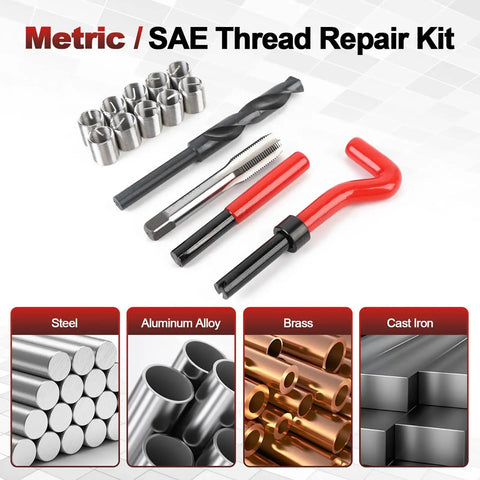 25 Piece M14x1.5 Thread Repair Kit With Inserts, Drill Bit, Tap And Install Tool For Auto Repair And Machinery Maintenance, Heavy Duty Fixes, Quick, Pro Grade, Easy Install. Metric thread repair kit with steel inserts, drill bit, tap and tools