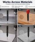 Hella Heavy Duty Automatic Center Punch Pair Featuring Adjustable Spring Loaded Mechanism Plus Bonus Replacement Tips For Smooth Wood Drilling And Badass Precision Hole Marking On Glass Or Plastic, illustrating use on metal, wood, plastic, and stone.