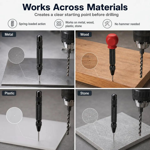 Hella Heavy Duty Automatic Center Punch Pair Featuring Adjustable Spring Loaded Mechanism Plus Bonus Replacement Tips For Smooth Wood Drilling And Badass Precision Hole Marking On Glass Or Plastic, illustrating use on metal, wood, plastic, and stone.