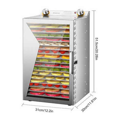 Heavy Duty Commercial Food Dehydrator Featuring 18 Slick Stainless Steel Trays Plus Adjustable 24 Hour Timer with fruits drying inside.