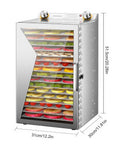 Backyard BBQ Pro Style Electric Food Dehydrator With 18 Spacious Stainless Trays displaying colorful dried fruits inside.