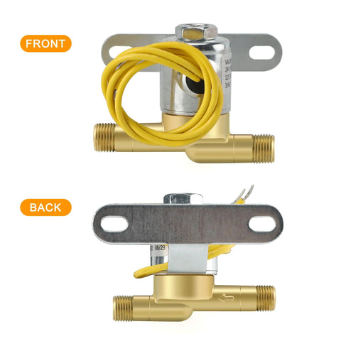 Front and back view of Heavy Duty Humidifier Solenoid Replacement Water Valve A2012-S118 for Aprilaire Whole House Models.