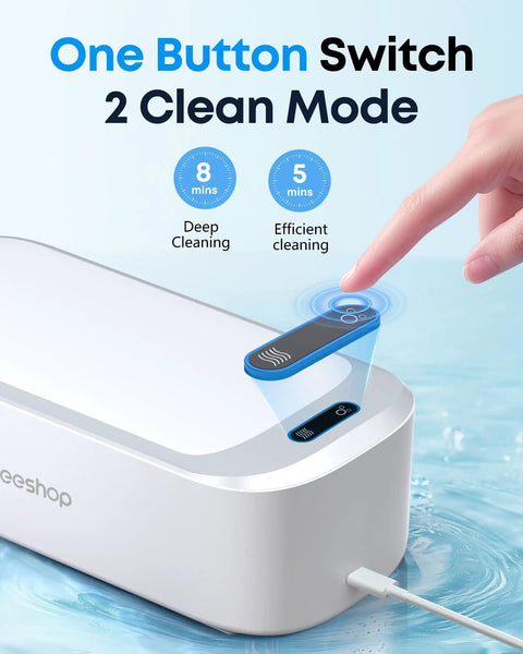 One button switch on 48KHz Ultrasonic Jewelry Cleaner With Dual Modes And Degas Function, 19oz 304 stainless steel tank, 30W power.