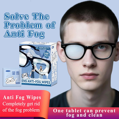 Box of 200 anti-fog lens wipes for glasses and screens; includes a single sachet; front view