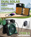 Dual Panel Solar Powered Fan With LED Light USB C Rechargeable 22000mAh Portable Camping Fan displayed with chargers