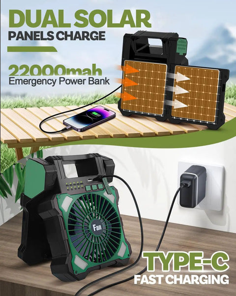 Dual Panel Solar Powered Fan With LED Light USB C Rechargeable 22000mAh Portable Camping Fan displayed with chargers