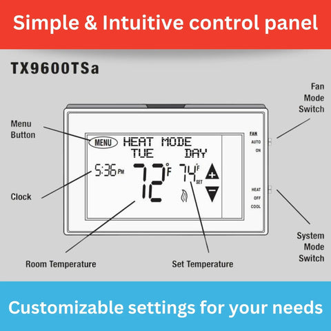 Programmable Large Touchscreen Thermostat For Home Comfort And Cooling, Easy To Read Display, menu and settings shown
