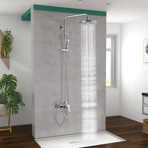 Exposed Chrome Shower System With 8 Inch Rainfall Shower Head, Round Bathroom Fixture, ABS Handheld Sprayer, Adjustable Slide Bar