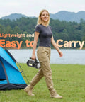 Person outdoors carrying Rechargeable All In One Camping Lantern And Flashlight With Built In Multi Tool Kit, Grab And Go 983 Lumen LED Spotlight, 9000 mAh Battery