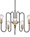Six-Light Indoor Chandelier In Matte Black With Antique Brass Accents, 23.5-Inch Diameter, view showing the six-light arrangement.