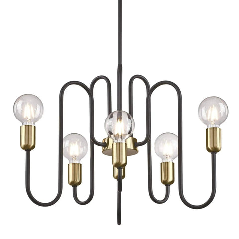 Six-Light Indoor Chandelier In Matte Black With Antique Brass Accents, 23.5-Inch Diameter, view showing the six-light arrangement.