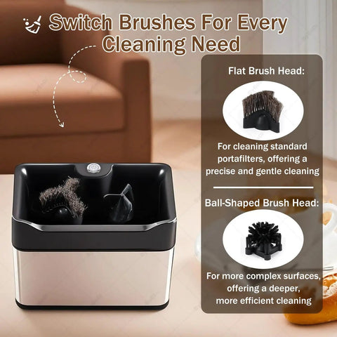 Cut Through Stubborn Coffee Grit Like Butter With This Easy Going Electric Portafilter Cleaner showing flat and ball-shaped brush heads.
