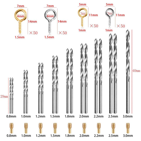 Electric Corded Hand Drill Kit With Pin Vise Set, 17 drill bits, 10 collets, and 200 screw eye pins displayed in sizes