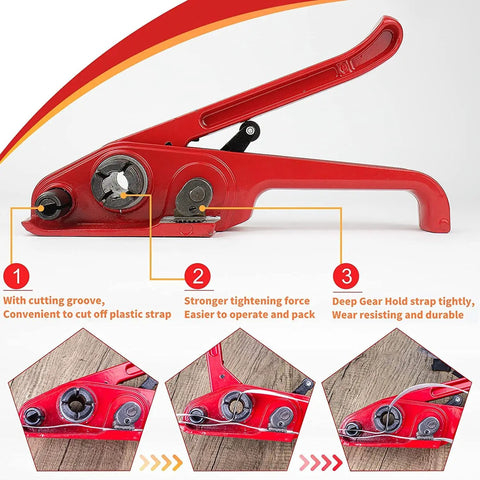 Heavy Duty Manual Pallet Strapping Kit With Poly Strap Sealer And Hand Tensioner Tool for easy plastic strap cutting.