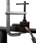 Beefy Regular Duty Bar Clamp 10-1/2 Inch Capacity With 2400 LBS Clamping Force 5-1/2 Inch Throat Depth Metallic UM105 in use on metal
