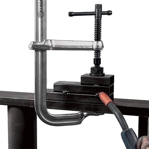Beefy Regular Duty Bar Clamp 10-1/2 Inch Capacity With 2400 LBS Clamping Force 5-1/2 Inch Throat Depth Metallic UM105 in use on metal