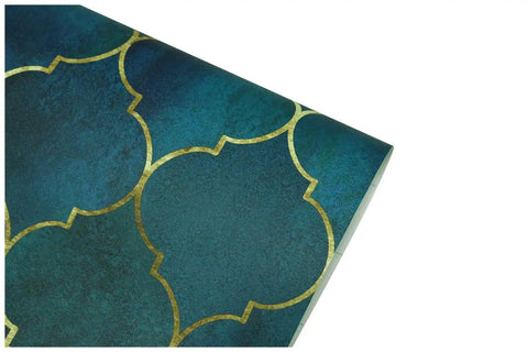 Geometric Trellis Peel And Stick Wallpaper Emerald Sapphire Blue And Bronze Textured Matte Finish on roll corner view