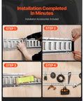 Step-by-step installation of E-Track Tie-Down Rail Kit, 32-Piece 5-Foot Set with accessories on wooden surface.