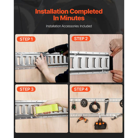 Step-by-step installation of E-Track Tie-Down Rail Kit, 32-Piece 5-Foot Set with accessories on wooden surface.