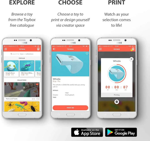 Beginner Friendly 3D Printer For Kids With Easy Setup And Safe Design app interface showing steps to explore, choose, and print toys.