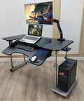 Sleek Gaming Cockpit Desk Featuring Clutch Adjustable Lift Bracket And Rollable Wheels For A Clean Computer Setup with monitors.